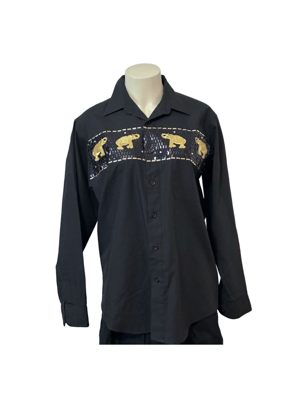 Shing New York Men’s Black Elephant Sequin Button Shirt 15.5 M